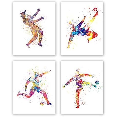 Abstract Watercolor Soccer Player Art Picture Poster, Set of 4 (8" X 10" ) Football Player Kicking Posture Of The Ball, Sport Player Poster, Canvas Wall Art for Boy Room Bedroom Decor Unframed Cover