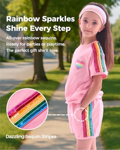 Image of WELAKEN Girls 2 Piece Outfit Kid Toddler Heart & Rainbow Sequin Striped T-shirt and Shorts Clothing Set