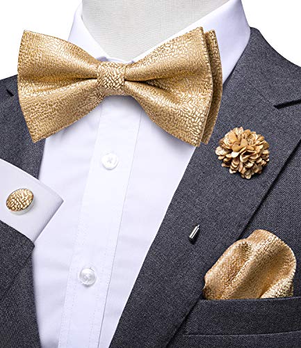 Dubulle Gold Bow Tie Lapel Pin Flower Set With Pocket Square Handkerchief Cufflinks Solid Gold Necktie For Men #TOP5