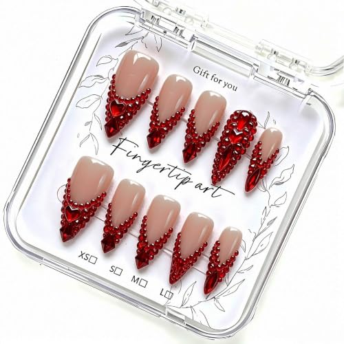 Handmade Stiletto Press on Nails, Red Rhinestone French Tip