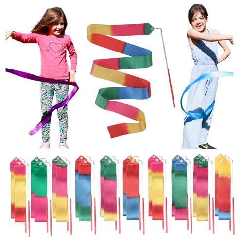 dervea Ribbon Dance Wands 20 Pack, Party Favors for Kids Goodie Bag Stuffers, Rainbow Birhtday Outdoor Party Games (multicolored ribbon with Red grip, 20pcs Set)