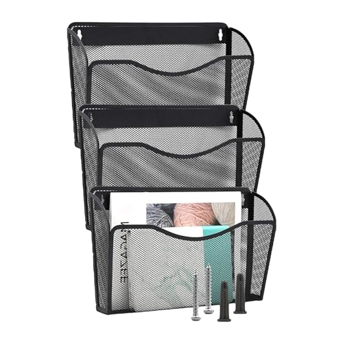 A4 Hanging Wall File Folder Organiser, Mesh Storage Magazine Holder with 3 Large Pockets for School Paper, Document, Mails, Books, Newspapers, Letter, Stationary organiser Behind Pantry Door, Office