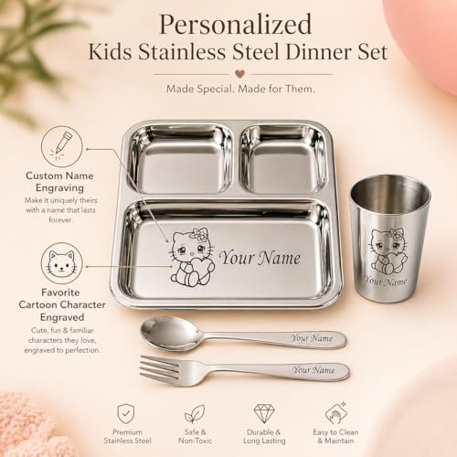 Image of SAVRI Personalized Stainless Steel Mealtime Printed Dish - Customized Name & Favorite Cartoon Motif Engraved - Kids Dinner Set for Boys & Baby Girls - Ideal Birthday & Return Gift - 4 Pcs (1 Set)