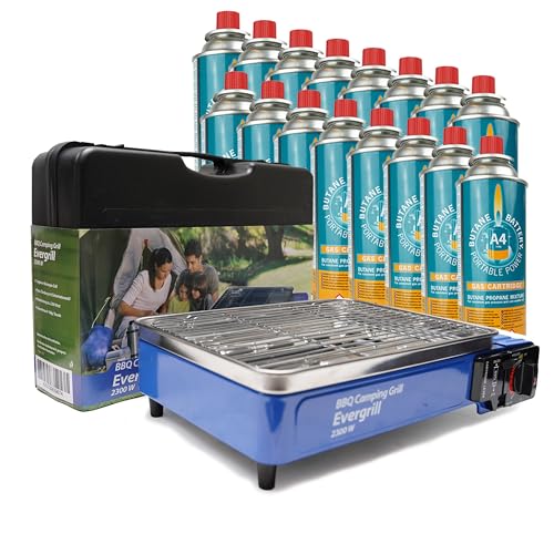 Eurocatch Barbecue à gaz butane Camping Grill Evergrill - avec 16 cartouches de gaz - Barbecue à gaz - Cuisine de camping - Grill de table - Barbecue de table