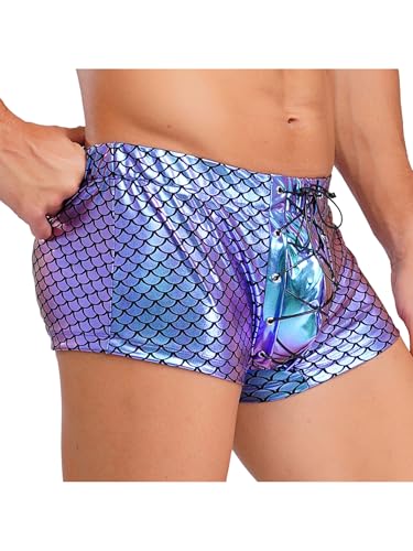 Hedmy Men's Fish Scale Bulge Pouch Booty Shorts Swim Trunks Metallic Shiny Boxer Shorts Swimsuit3