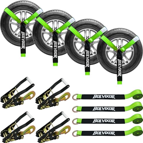 Bolvixor 4 Pack Car Tie Down Straps for Trailers - 2 x 96 - 9900LBS Break Strength - Tire Ratchet Strap with Snap Hooks - Adjustable Wheel Straps for Hauling UTV SUV Truck Any Cars