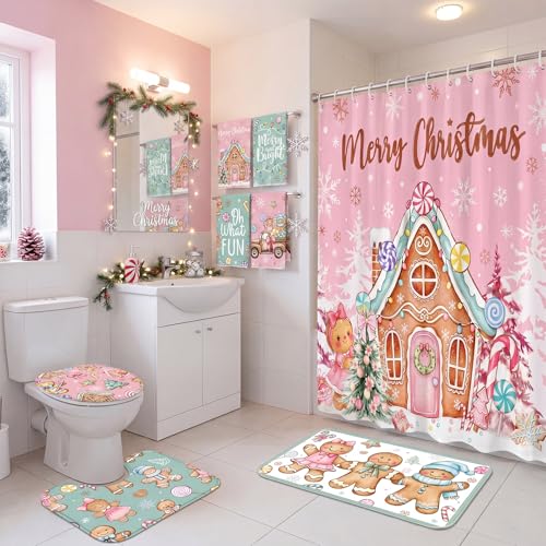 SmoothNovelty 8 Pcs Pastel Christmas Gingerbread Man Shower Curtain Set Gingerbread House Snowflake Bathroom Decor Set with Rug Toilet Mat Lid Cover Towels Hooks for Winter Bath Pink Green(Christmas)