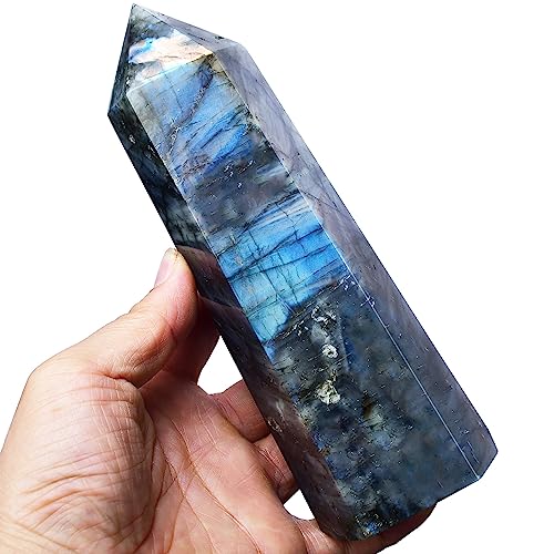 FZBHRO Large Labradorite Towers Crystal Point Obelisk 6 Faceted Healing Crystal Stone Wand for Meditation Gift 2.6-3.0 Pound