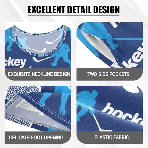 ALAZA Ice Hockey Cartoon Blue Pajamas Set Short Sleeve Cotton Sleepwear Summer Pjs 2 Piece 5-14Y4