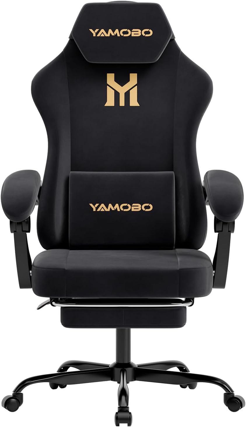 (-22%) YAMOBO Gaming Stuhl Stoff Ergonomisch mit Fußstütze und Massage-Lendenkissen, 150 kg Belastbarkeit, Bürostuhl Computerstuhl, Schwarz