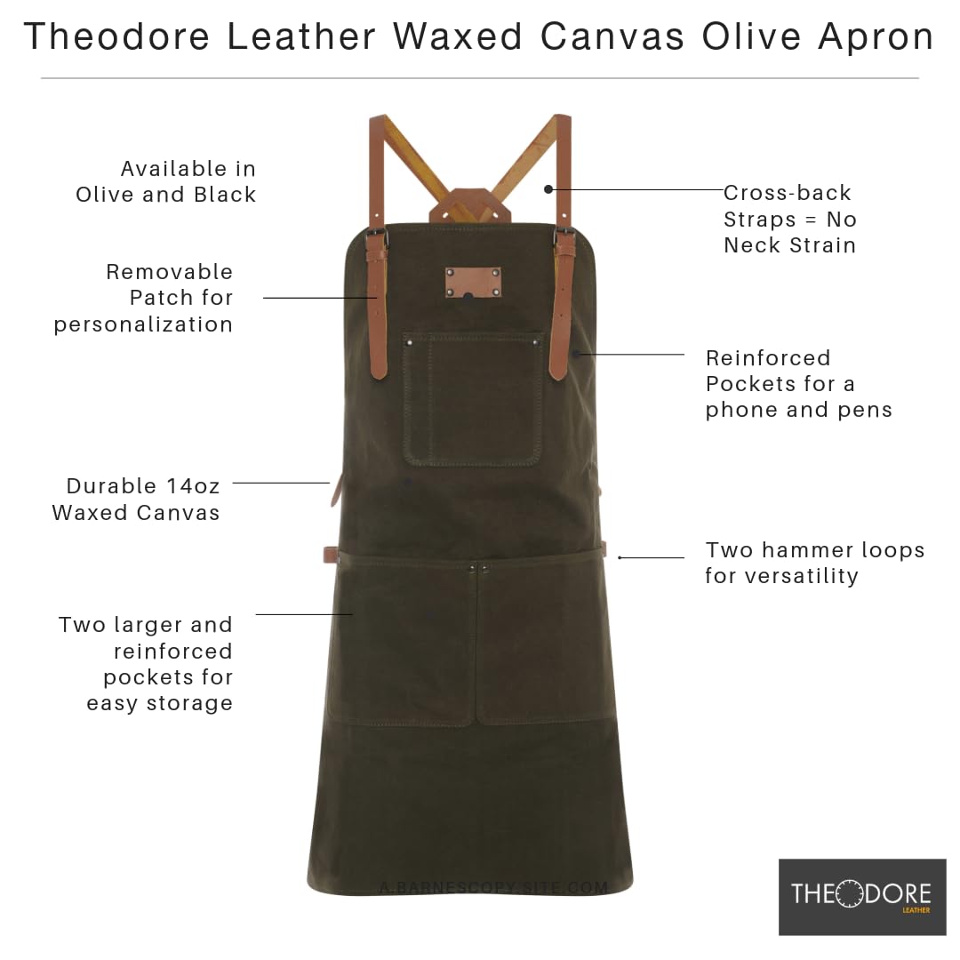 Theodore Tablier de travail en toile cirée, noir avec sangles en cuir marron, dos croisé, toile robuste de 414 g, utilitaire multi-poches