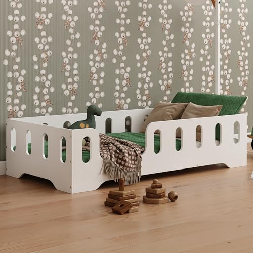 smartwood Cama Infantil 70x140 Blanco   Cama Montessori de Madera Certificada FSC, con Barandilla de Protección y Somier Resistente hasta 230 kg   para Niño y Niña   Montaje Fácil   TILA 2L