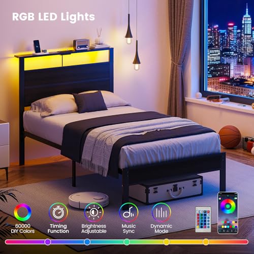 Image of Twin Size Bed Frame with LED Lights and USB Charging Station | Black Metal Platform Bed with Storage Headboard, Noise Free, No Box Spring Needed, Easy Assembly