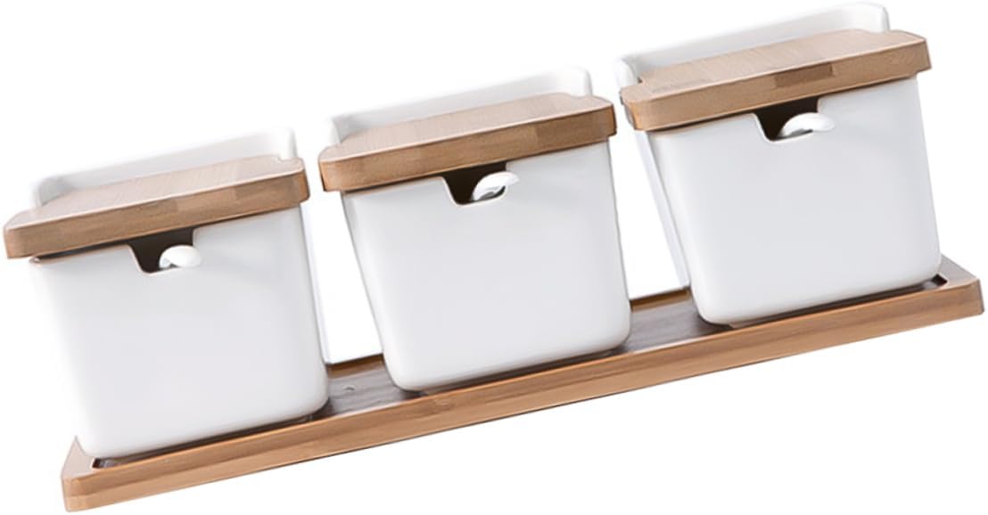 3-Piece Ceramic Seasoning Container Set with Wooden Lids Functional for Kitchen Stylish Spice Storage Jars for Home Use