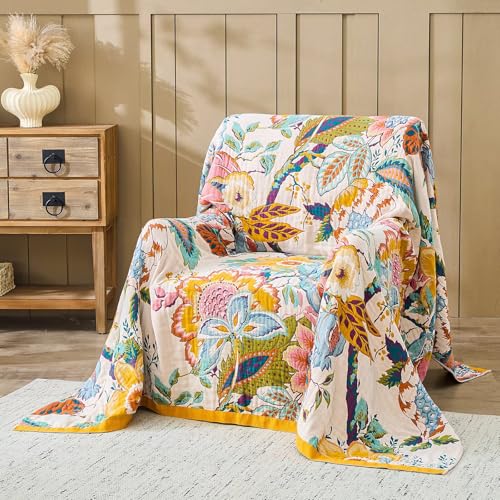 Image of XIBLC Boho Throw Blanket 100% Cotton Vintage Blanket Muslin Woven Flower Decorative Throw Blankets All Season Bohemian Rustic Farmhouse Decor Quilt for Bed (Yellow 80 inchx90 inch)