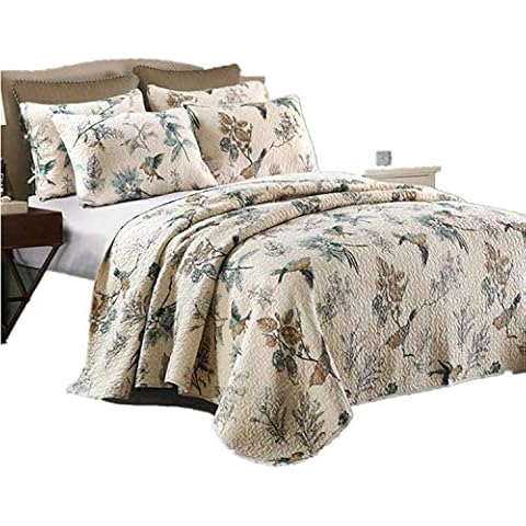 Newrara Birds Printing Comforter Sets, American Country Queen Quilt Set/Bedspread 100% Cotton,Beige 3Pcs Cover