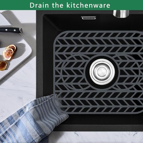 GUUKIN Sink Protectors for Kitchen sink, 13 5/8" x 11 5/8" Folding Non-slip Silicone Mat Grid for Bottom of Farmhouse Stainless Steel Porcelain Sink with 3 Reserved Holes