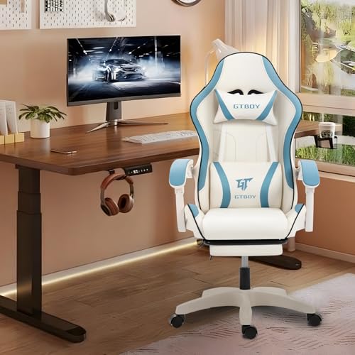 GTBoy ゲーミングチェア オットマン付き 座り心地最高 デスクチェア オフィスチェア PC椅子 テレワーク パソコンチェア ゲーム用 リクライニング 人間工学設計 充実機能 高さ調整機能 (白×青) [2]