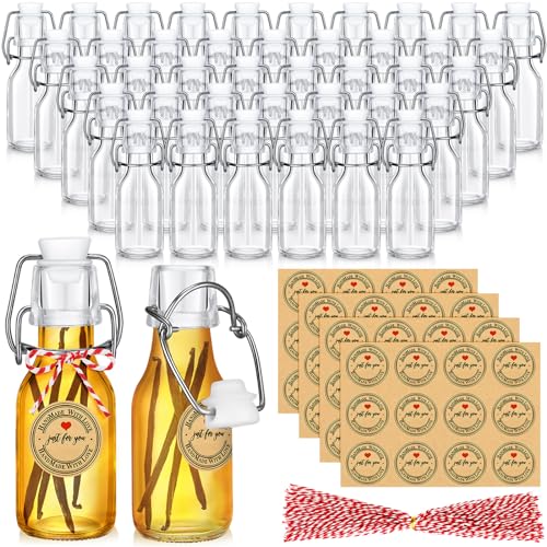 FoldTier 48 Pcs Mini Flip Top Glass Bottle Flip Top Vanilla Extract Bottles with Caps Homemade Printed Stickers for Holiday DIY Crafts Oil Wedding Baby Shower Party Favor Decoration(4 oz)