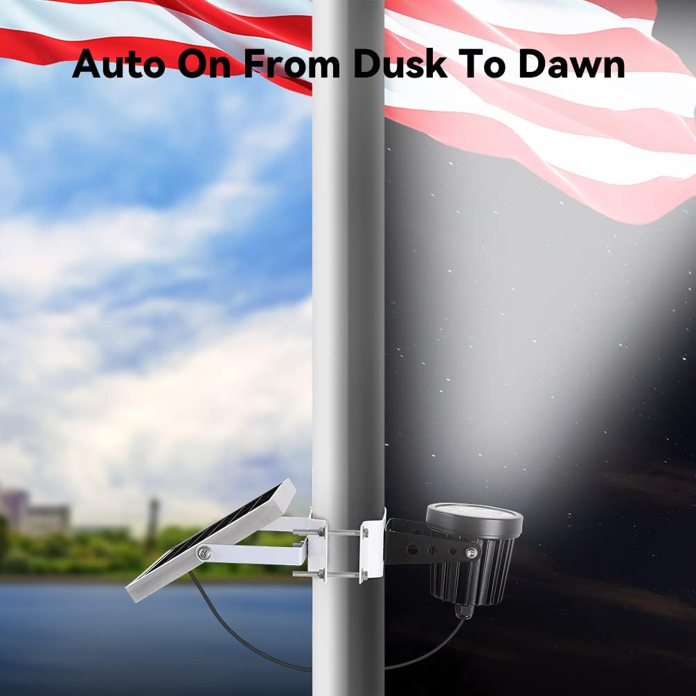 Flag Pole Light Solar Powered, Solar Flagpole Light Upgraded with IP67 Waterproof Outdoor Smart Charging and Lighting for Dusk Dawn All Night Bright On