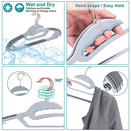 Timmy Plastic Hangers, 50 Pack Ultra Thin Non Slip Clothes Hanger Space Saving Coat Hangers, 360°Rotating Rose Gold Hook Hanger Heavy Duty Pant Hangers (Grey) #TOP4