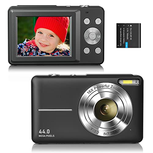 CAMKORY Cámara Digital FHD 1080P 44MP Cámara de Fotos Digital Zoom Digital 16x Estabilización de Imagen Fácil de Usar Niños Niño Niña Principiantes Regalo Negro Cover