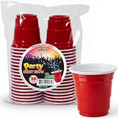 WHISC Red Disposable Plastic Shot Glasses, 2 oz, 36-Pack, Stackable Cups