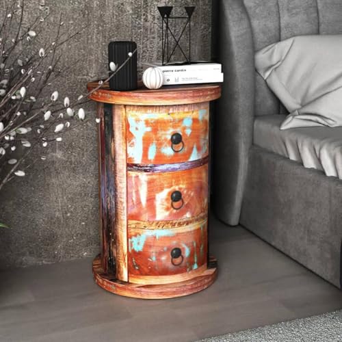 Runder Nachttisch Vidaxl mit 3 Schubladen aus recyceltem Massivholz