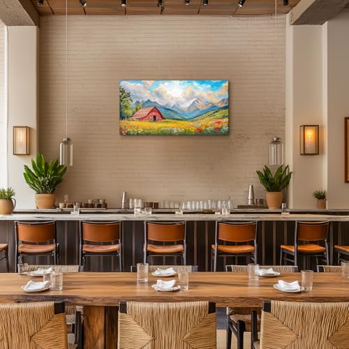 crmotu Mountain Barn Large Wall Art, Rustic Farmhouse Wall Decor, Nature Landscape Art Prints, Colorful Wildflowers Canvas Paintings, Bright Pictures for Living Room Bedroom Kitchen 20x40 Inch
