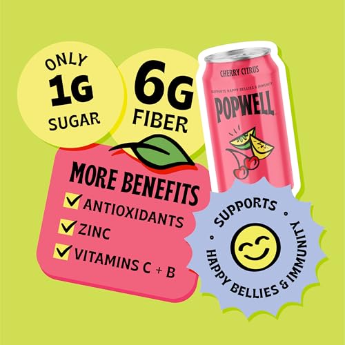 Image of Popwell Cherry Citrus Better-For-You Prebiotic Soda, with 6g Fiber, 1g Sugar, Vitamins and Immunity Support, 12 fl oz Cans (pack of 12)