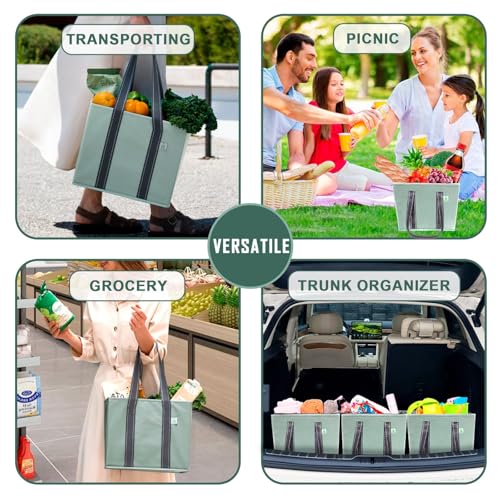 VENO 3 Pack Reusable Grocery Bags, Shopping Bags for groceries, Utility Tote with Handles and Hard Bottom, Foldable Shopping Cart Organizer, Water Resistant, Heavy-Duty (Light Green, 6 Gallon) - Thumbnail 6