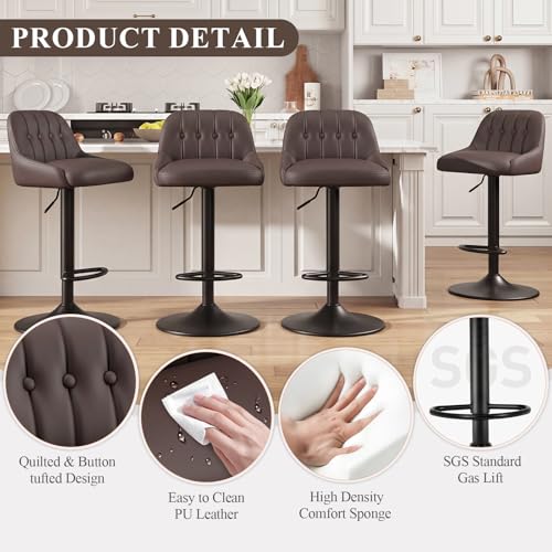Image of MALOL Bar Stools Set of 2, Swivel Bar Chairs, Modern Adjustable PU Leather Upholstered Barstools Counter Height with Tufted Back for Bar, Kitchen Counter Island, Dining Room, Brown