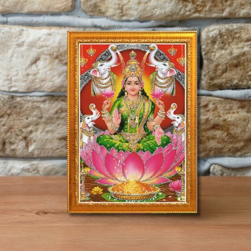 Image of CRAFT QUEST Lakshmi Devi with ganesh ji and saraswati mata Wall Painting Photo Frame for Diwali Pujan (Synthetic, Golden, Sparkle Finish, Small Size, 8 X 6 Inch)