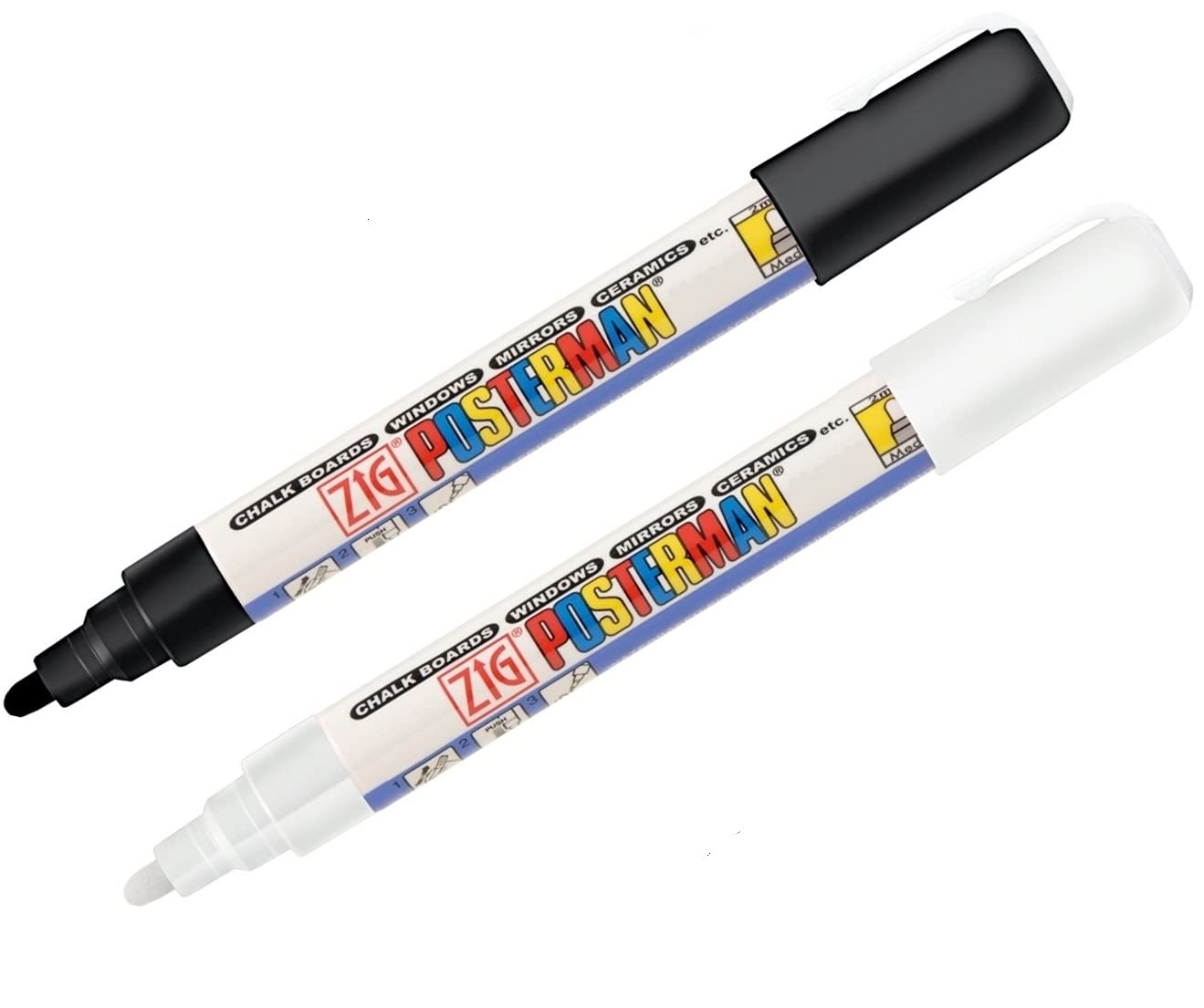 Zig POSTERMAN CHALK MARKERS ARE EFFECTIVE ON SURFACES SUCH AS GLASS, PLASTIC, METAL, WOOD AND STONE 000 WHITE & 010 BLACK PACK OF 2 PCS TIP SIZE: 2 mm