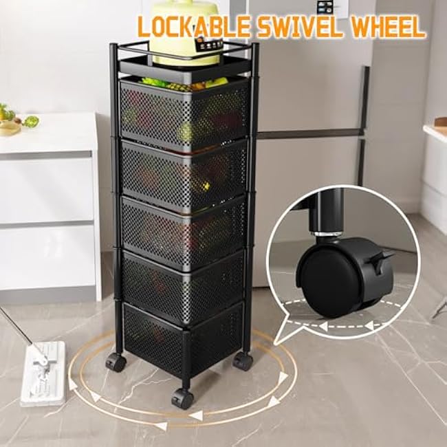 Vegetable Cart for Kitchen with Wheels - 5 Tier Rotating Storage Rack, Multi-Functional Rolling Pantry Cart for Fruits, Vegetables, Kitchen Essentials White Square-OTKLmngD
