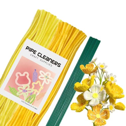 URSDIART 手芸モール カラーミックス 100本 人工花茎10本 工作 モール 花 カラーモール フラワーモール スティック 子供知育玩具 ワイヤーアート 骨格モール アート 造形材料 学校 手作り素材 手芸 用品 記念日 誕生日 母の日 画材 (イエロー系)の商品画像（Amazon）