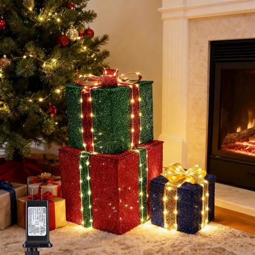 Lomotech Set of 3 Christmas Lighted Gift Boxes - Prel-Lit Gift Boxes with Timer Lighted Christmas Presents for Xmas Tree Yard Holiday Indoor Christmas DecorationsSmall)