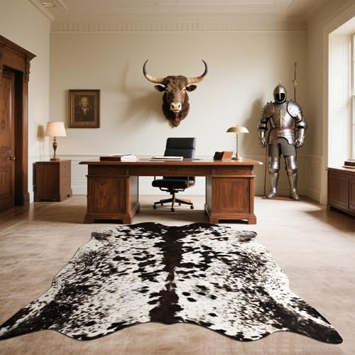 SUNYIWEI Faux Cowhide Rug, 4.6 x 5.2 ft Cowhide Rug for Living Room, Bedroom, Wall - Non-Slip,Brown White