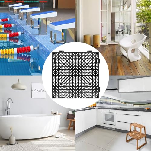 Image of ToLanbbt Modular Interlocking Cushion 24P 11.8 inch x 11.8 inch Interlocking Rubber Floor Drain Holes Non-Slip Splicing Drainage Mats for Deck, Shower, Kitchen, Drain Pool, Sauna Bath, Indoor Outdoor (Black)