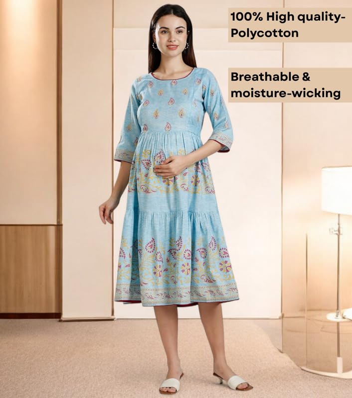Image of DUMMY SHAPE Maternity Dresses for Women Cotton | Rayon Printed Feeding Anarkali Kurta with Dual Nursing Zipper Access During Pre & Post Pregnancy | Baby Shower Gifts for Mom to Be
