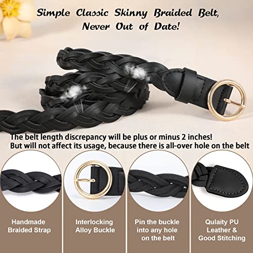 Werforu 3 Pack Women Braided Skinny Pu Leather Thin Woven Belt Ladies Adjustable Waist Belt For Jeans Dress, Fit Waist Size Below 40 Inches #TOP4