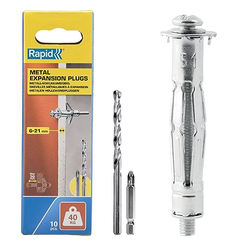 Rapid Hollow Wall Anchors, Pack of 10 Heavy Duty Metal Plasterboard Fixings for 6-21 mm Wall Thickness, 40 kg Load