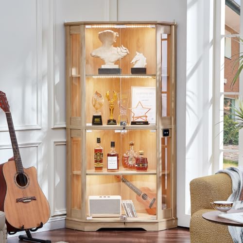 LELELINKY Farmhouse Corner Display Cabinet with Glass Doors Corner Curio Cabinet with 3-Color LED Motion-Sensor Light Reinforced Base Natural