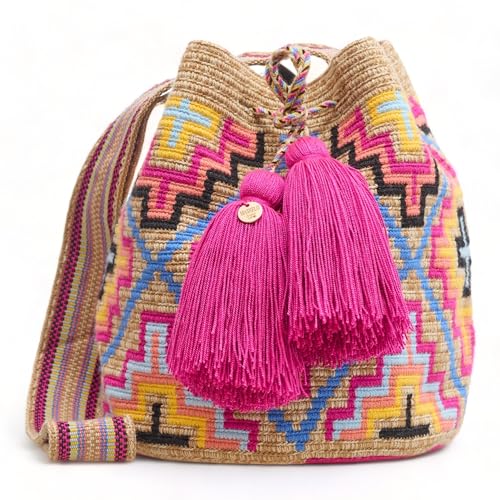 MEDIUM - - COLORFUL Wayuu Mochila Bag For Women original bolsa tejida colombiana authentic crochet pattern Gift from Colombia (Design 60 - Medium)