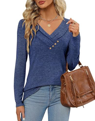 Women's Long Sleeve Tunic Tops V Neck Button Casual Blouse Sweatshirt3