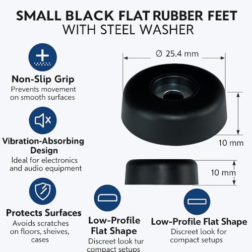 Image of Penn Elcom Small Black Flat Rubber Feet with Steel Washer - Set of 12 | Anti-Vibration Bumper Pads for Furniture, Cases, Electronics | Non-Slip for Floor & Surface Protection (O - 25.4mm, H - 10mm)
