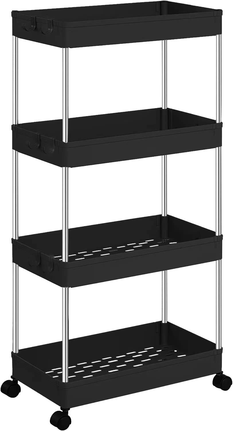 4 Tier Slim Storage Cart, Mobile Rolling Utility Cart with Wheels, Slide Out Organizer Cart for Kitchen Bathroom Pantry Laundry Narrow Space (Black)…