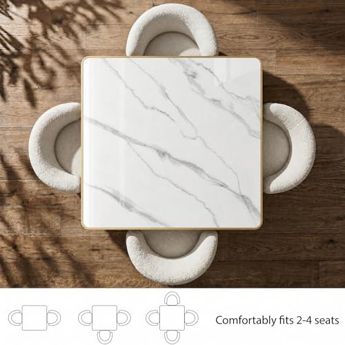 Image of 63 inch Square Dining Table, Tulip Table with 1.2 inch Thick Sintered Stone Tabletop and Golden Metal Pedestal Base, Small Square Dining Tables for Diner,Bar,Restaurant,kitchen,Bakery,Apartment (Marble White)