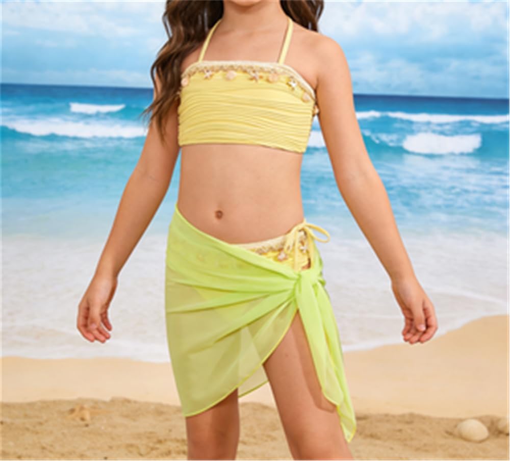 Ensemble de maillot de bain 3 pièces pour fille et adolescente - Fleurs - Décoration d'été - Avec jupe - Tankini