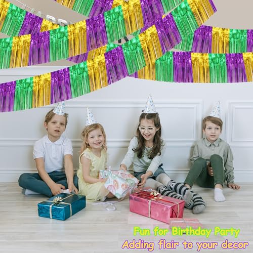 Image of 4 Packs Total 39 Ft Mardi Gras Parade Floats for Trailer Car, Green Gold Purple Foil Fringe Garland Tinsel Streamers Banner Table Skirts for Halloween Graduation Homecoming Birthday Party Decor